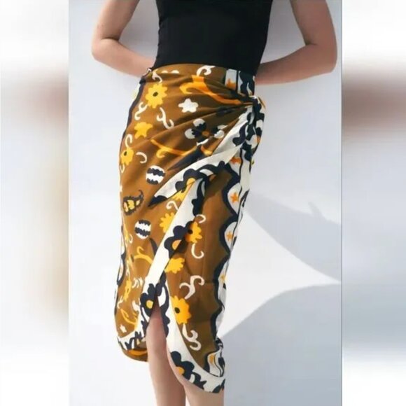 Zara Dresses & Skirts - Zara Linen Blend Tribal Print Wrap Sarong Skirt Size Small
